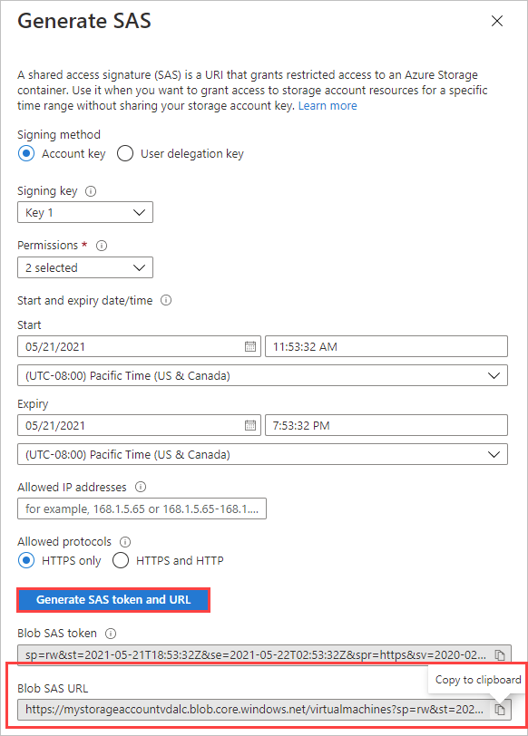 BLOB SAS URL を生成してコピーするためのオプションが表示されている [SAS の生成] 画面のスクリーンショット