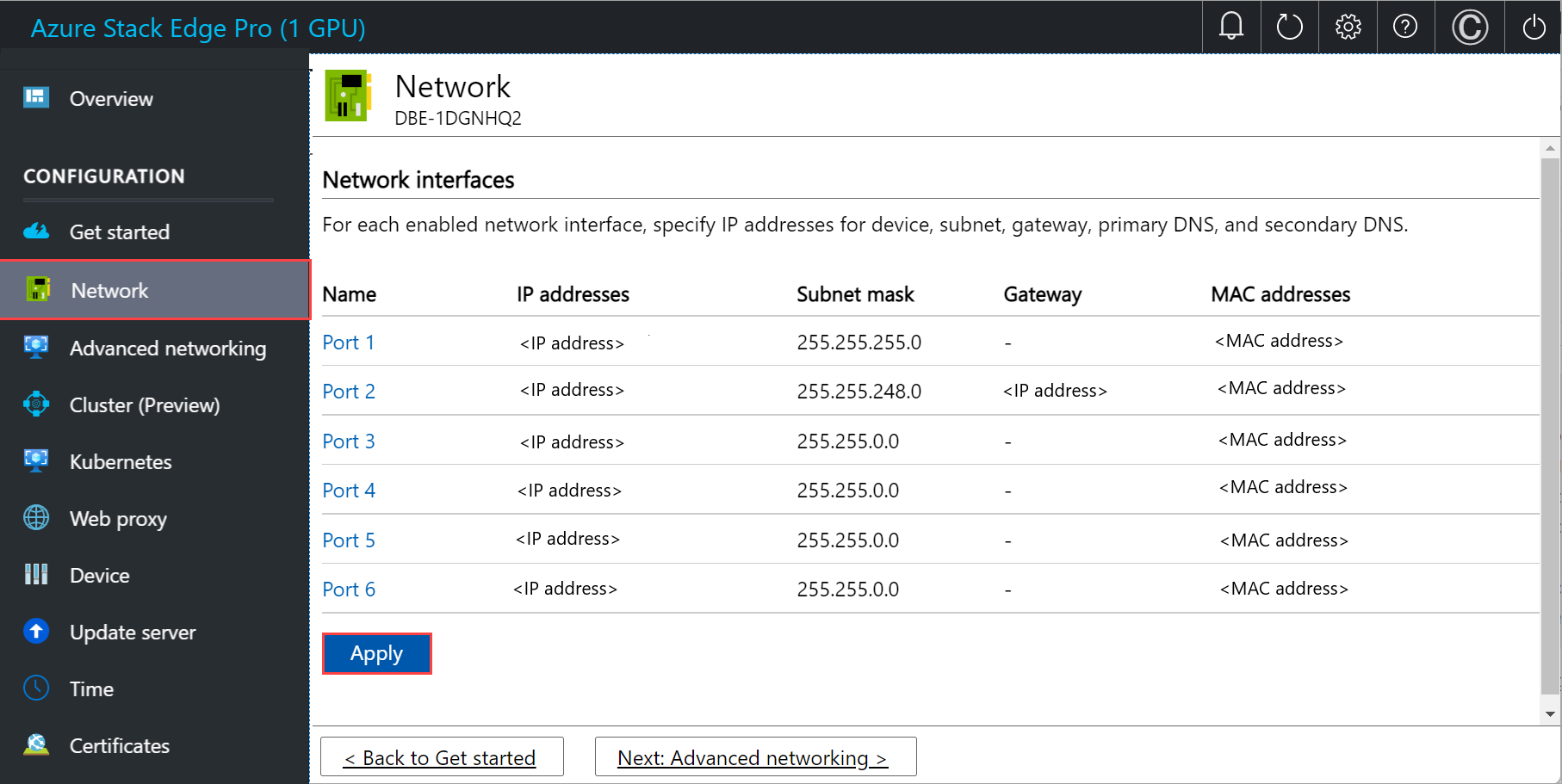 完全に構成された 1 つのノードのローカル Web UI [ネットワーク] ページのスクリーンショット。