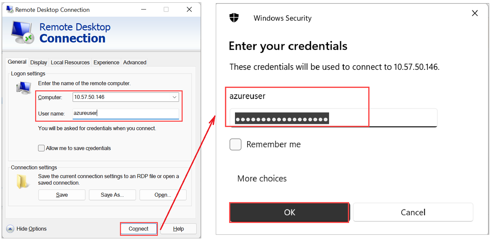 VM に接続するための [リモート デスクトップ接続] ダイアログのスクリーンショット。