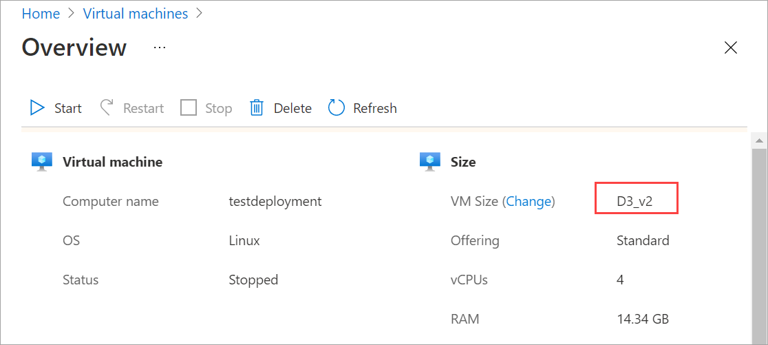 VM の [概要] ページのスクリーンショット。サイズが変更された VM の VM サイズの値が強調表示されています。