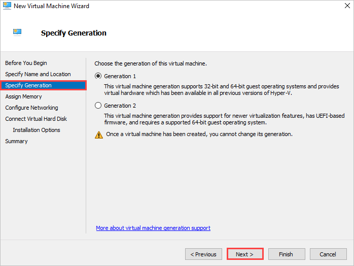 New Virtual Machine Wizard (新規仮想マシン ウィザード) で作成する仮想マシンの世代を選ぶ