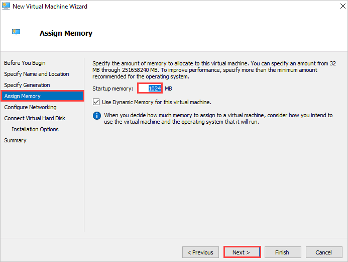 New Virtual Machine Wizard (新規仮想マシン ウィザード)、[Assign Memory]\(メモリの割り当て\)