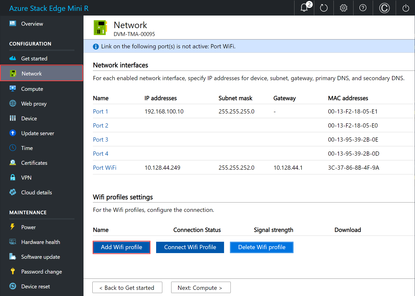 ローカル Web UI のポート WiFi の [ネットワーク設定] 1