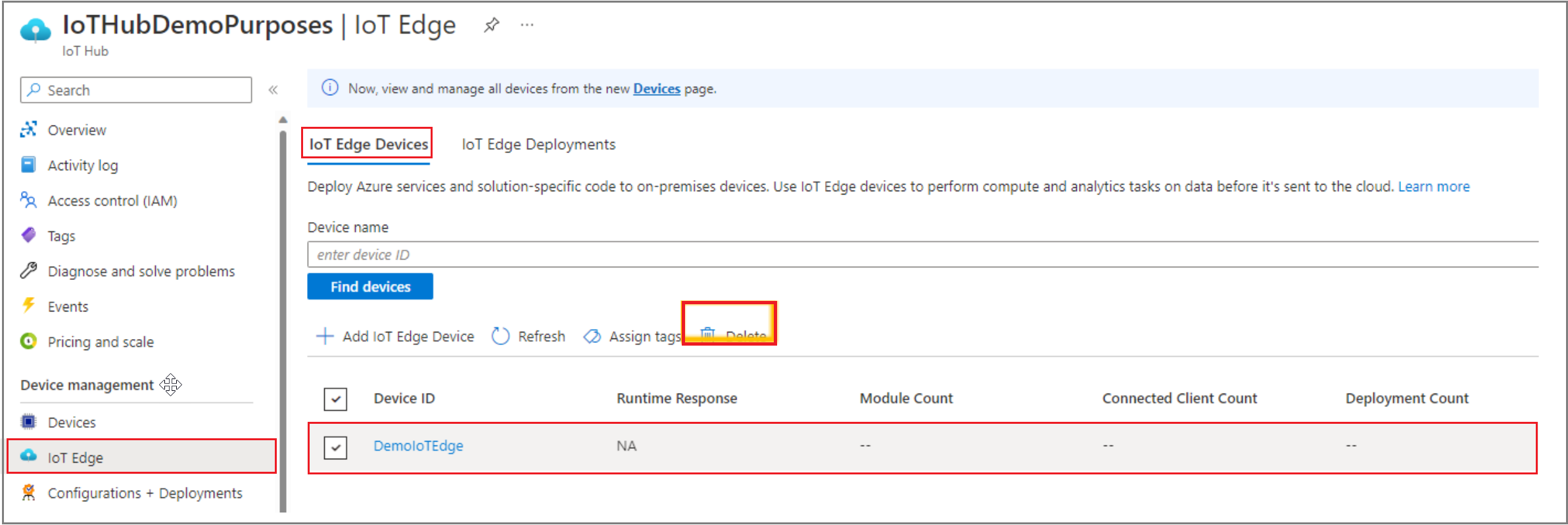 Azure portal UI で IoT Edge インスタンスから IoT Edge デバイスを削除する方法を示すスクリーンショット。