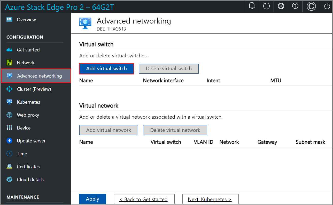 ローカル UI の [高度なネットワーク] ページの [仮想スイッチの追加] オプションのスクリーンショット。