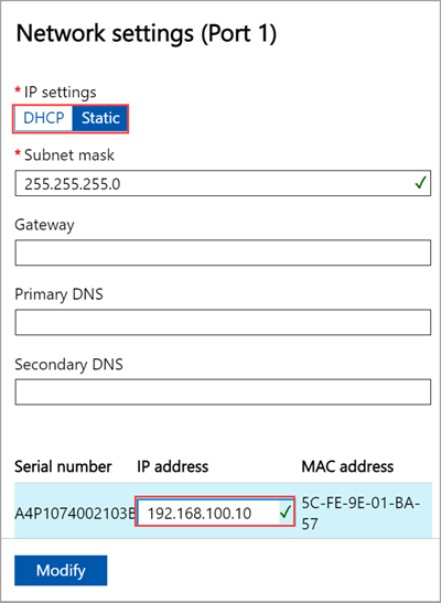 Azure Stack Edge デバイスのローカル Web UI の [ポート 1] ネットワーク設定のスクリーンショット。