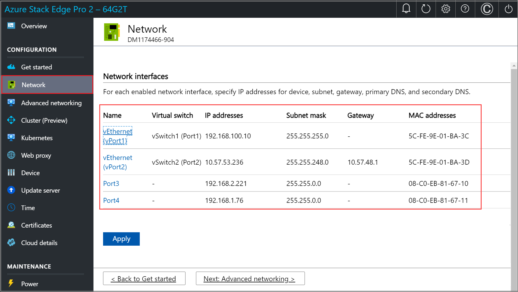 更新されたローカル Web UI の [ネットワーク] ページのスクリーンショット。