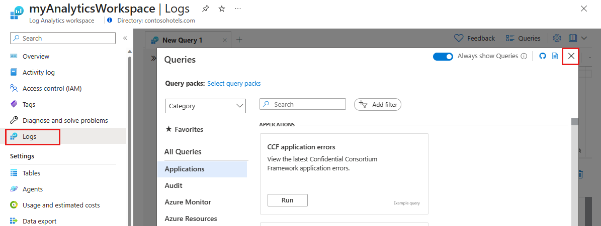 Log Analytics ワークスペースの表示のスクリーンショット。