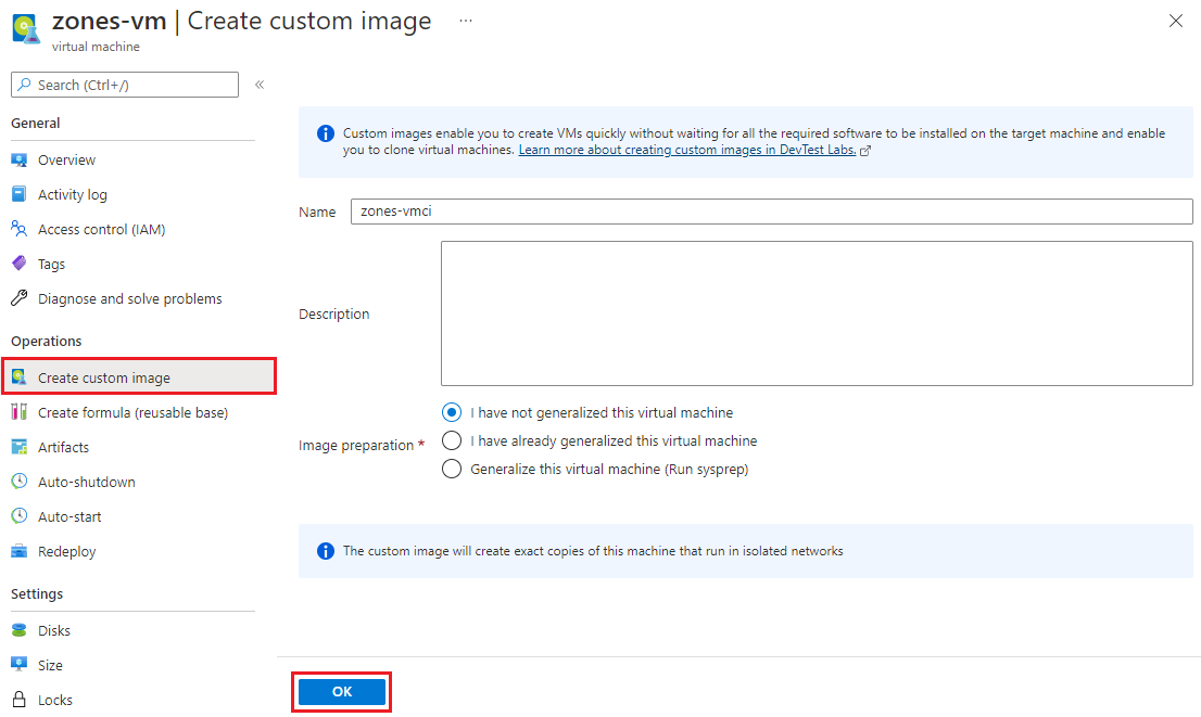VM の [概要] ページの [カスタム イメージの作成] の選択を示すスクリーンショット。
