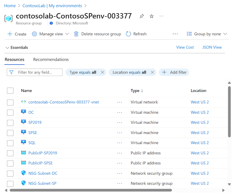 VM、ディスク、仮想ネットワークなど、すべての環境リソースを含むリソース グループを示すスクリーンショット。