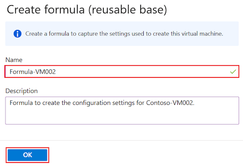 DevTest Labs の既存の VM から数式を構成する方法を示すスクリーンショット。