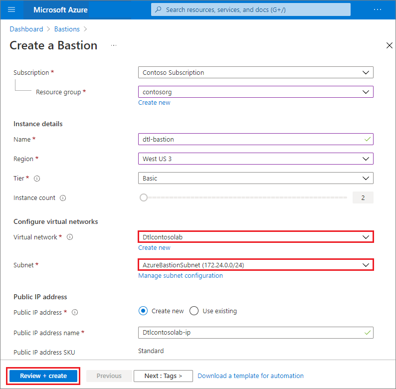 既存の仮想ネットワークへの Azure Bastion のデプロイを示すスクリーンショット。