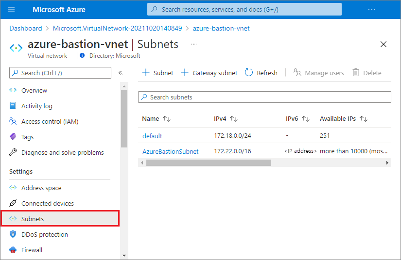 Azure Bastion 仮想ネットワーク内の 2 つのサブネットのスクリーンショット。