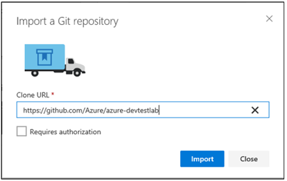 Git リポジトリのインポートを示すスクリーンショット。