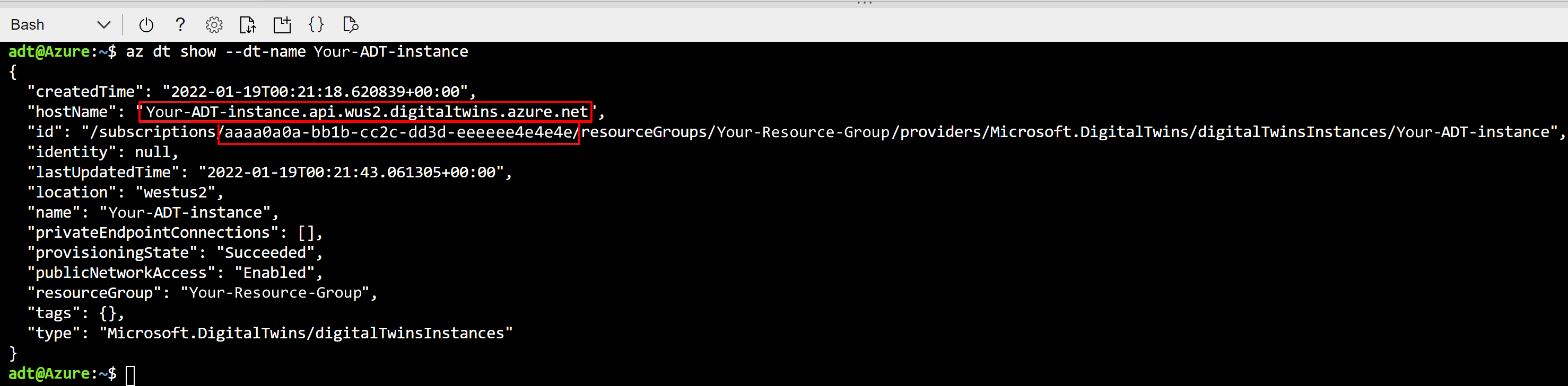 az dt show コマンドの出力を示す Cloud Shell ブラウザー ウィンドウのスクリーンショット。hostName フィールドとサブスクリプション ID が強調表示されています。