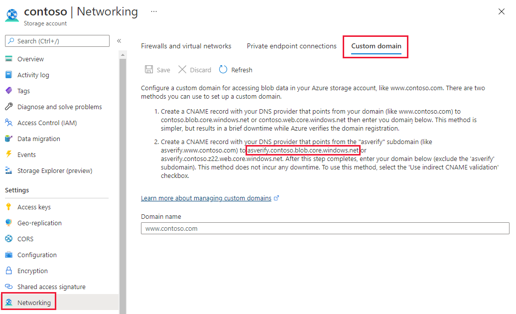 ストレージ アカウントの [カスタム ドメイン] のスクリーンショット。