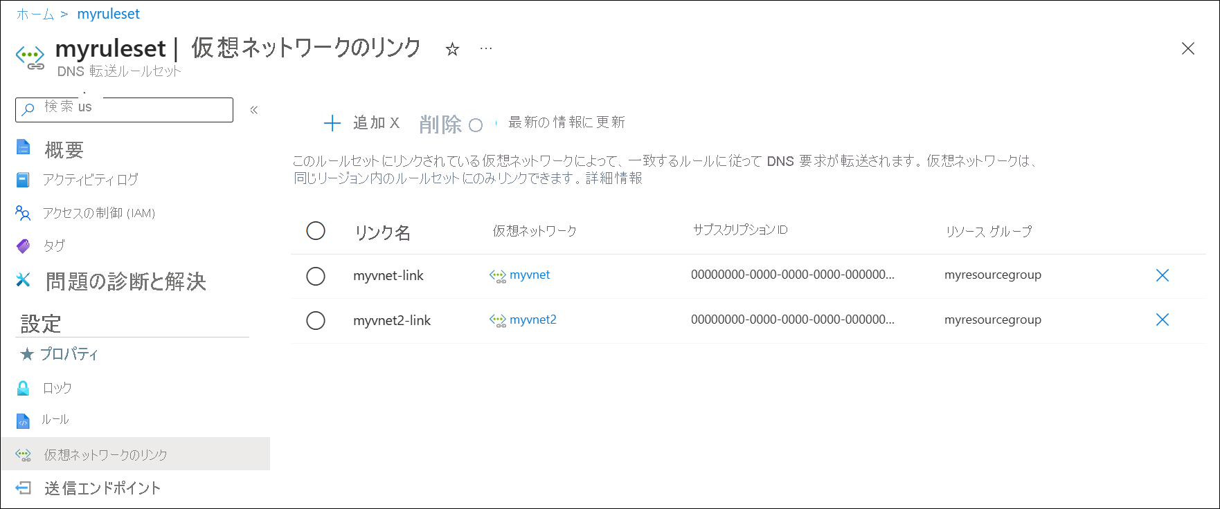 ルールセットと仮想ネットワークのリンクのスクリーンショット。