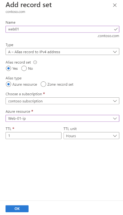 [レコード セットの追加] ページを使用して IIS Web サーバーの Azure パブリック IP を参照するエイリアス レコードを追加するスクリーンショット。