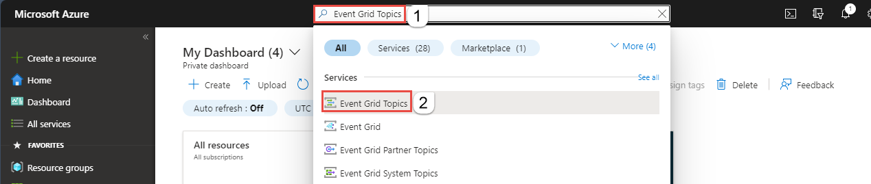 Event Grid トピックを検索する Azure ポート検索バーを示すスクリーンショット。