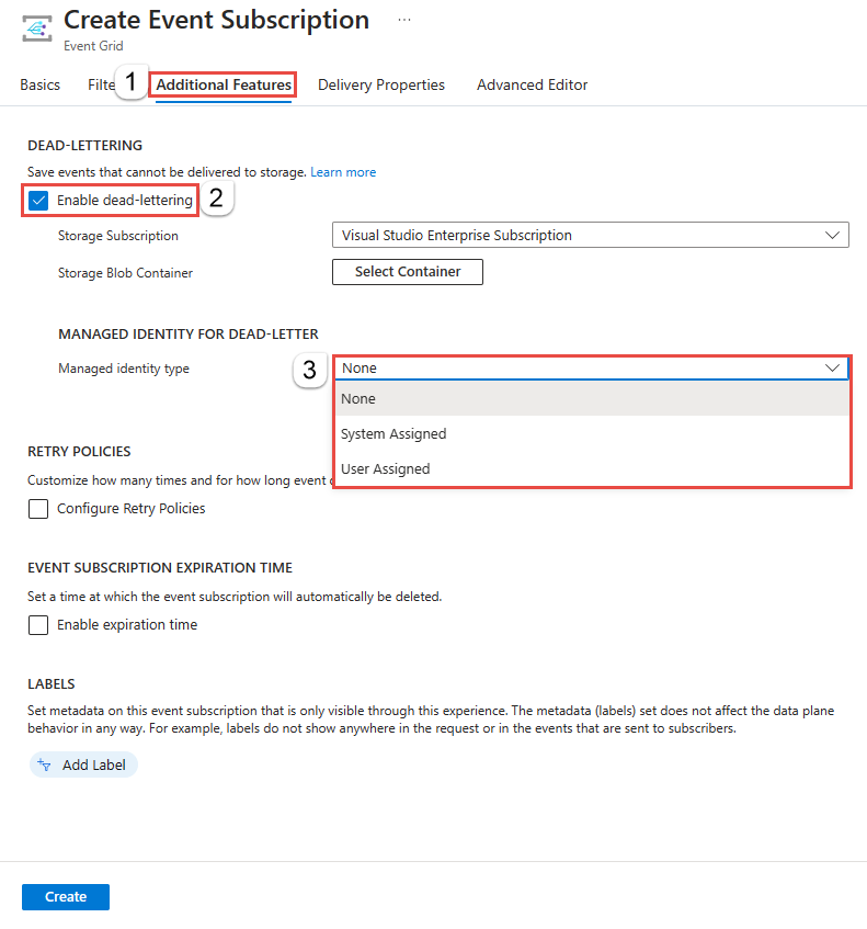 Screenshot that shows how to enable a system-assigned identity for dead-lettering.