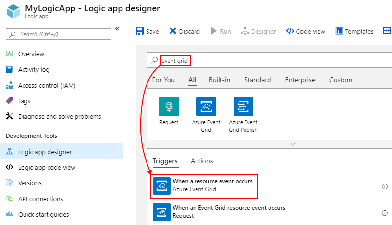 Azure Event Grid トリガーが選択されたワークフロー デザイナーを示すスクリーンショット。