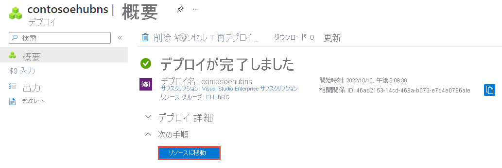 リソースへのリンクが表示されたデプロイの完了ページのスクリーンショット。