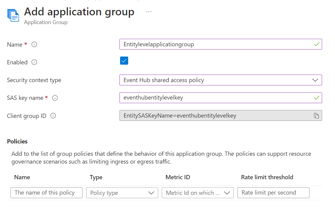 [Event Hubs の共有アクセス ポリシー] オプションが選択されている [アプリケーション グループの追加] ページのスクリーンショット。