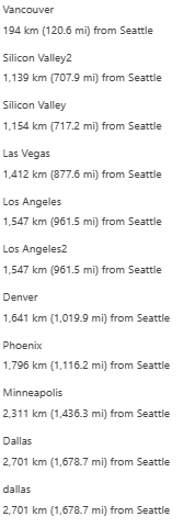 最初の ExpressRoute 回線からの距離情報のスクリーンショット。