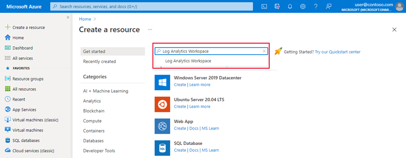 リソースの作成での Log Analytics の検索を示すスクリーンショット。