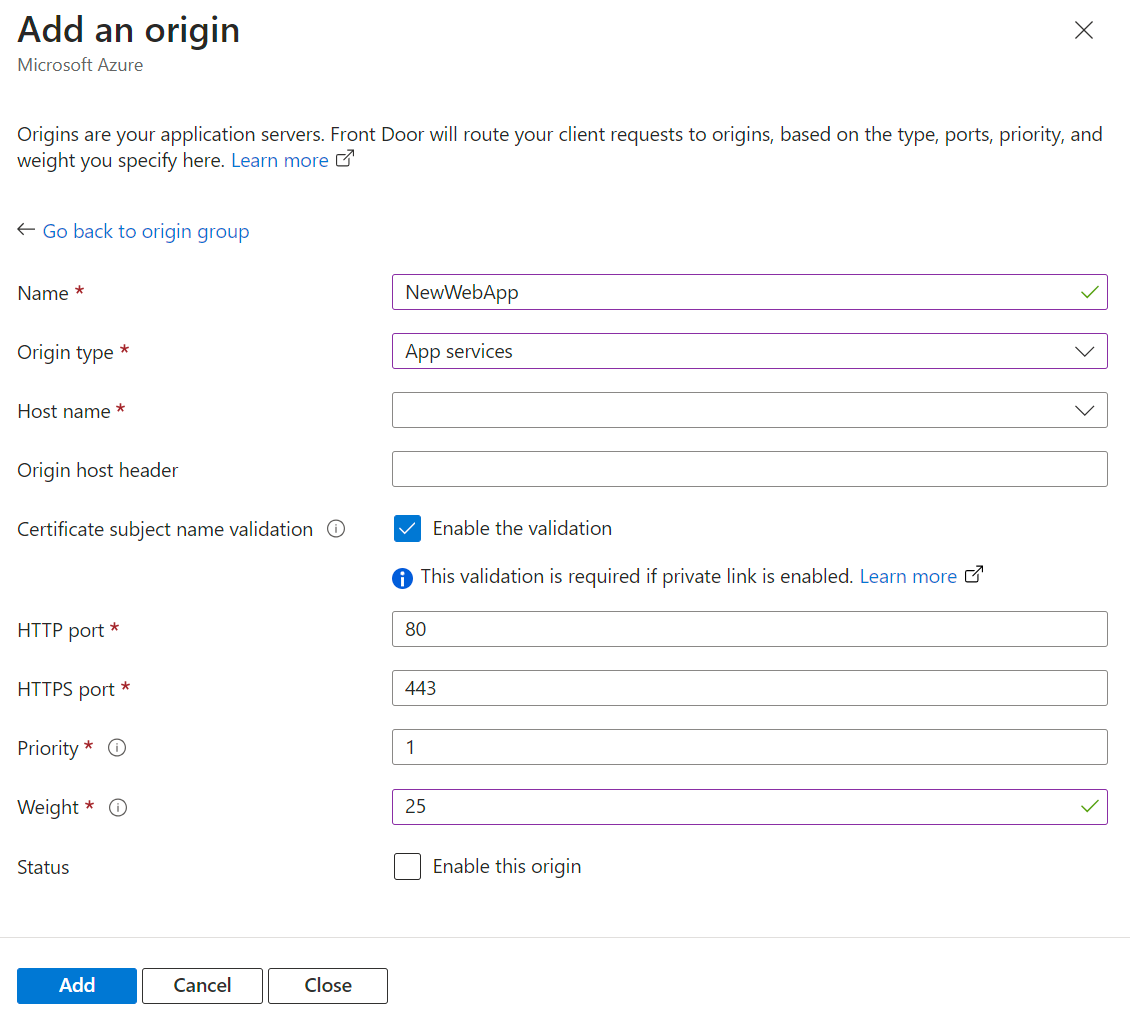 新しい Azure Front Door プロファイルの配信元グループに 2 番目の配信元を追加しているスクリーンショット。