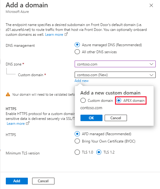 Azure Front Door プロファイルへの新しいカスタム ドメインの追加を示すスクリーンショット。