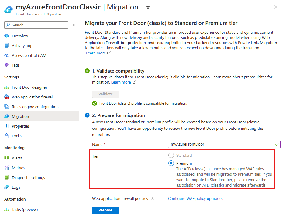 新しい Azure Front Door プロファイル用に選択されたレベルのスクリーンショット。