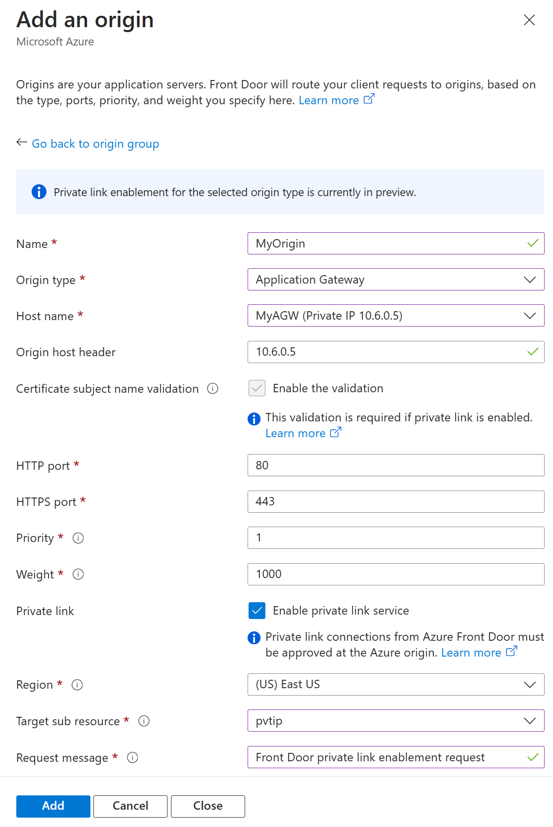 Application Gateway をプライベート配信元として構成するための配信元の設定のスクリーンショット。