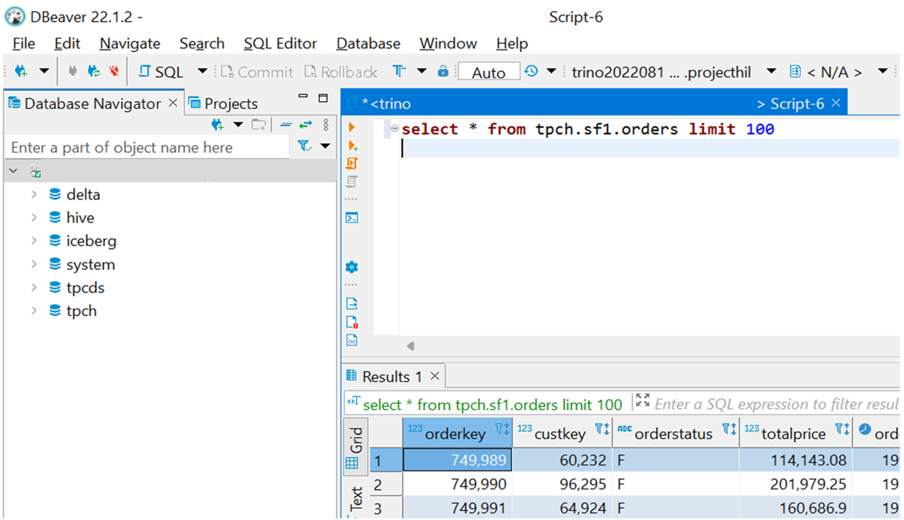 DBeaver の Query Trino を示すスクリーンショット。