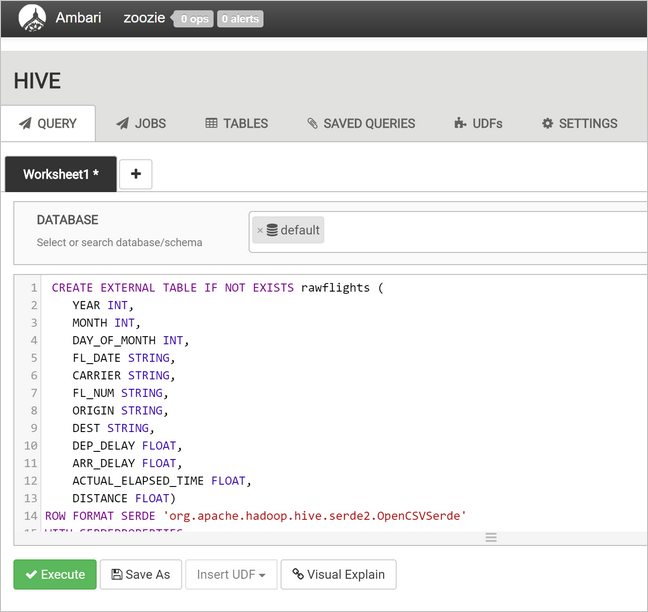 HDInsight Ambari サービスの Hive クエリのスクリーンショット。