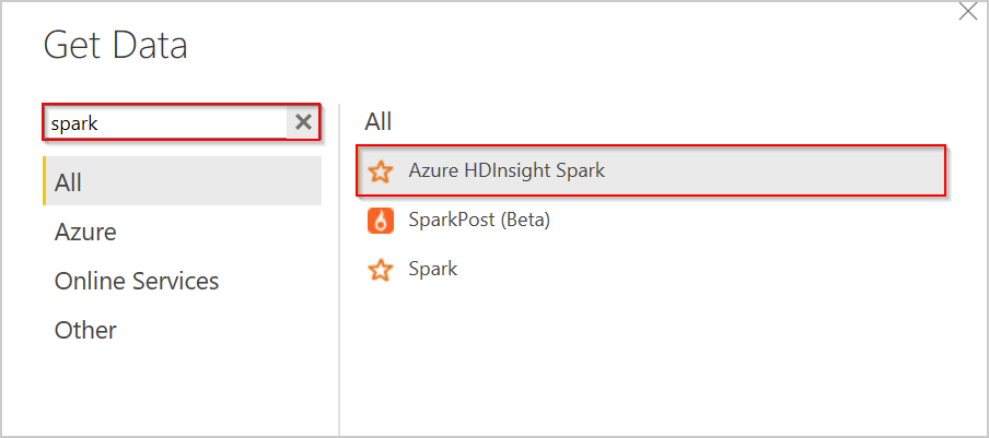 Apache Spark BI から Power BI にデータを取得するスクリーンショット。