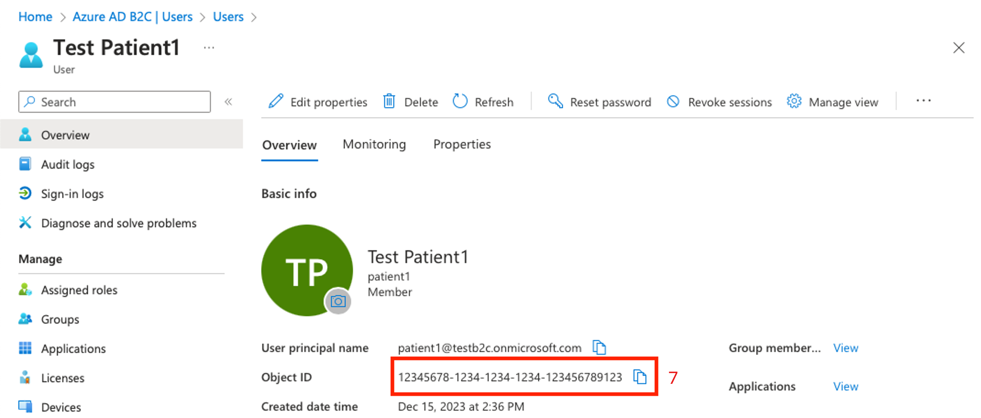 B2C のユーザー ID を示すスクリーンショット。