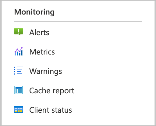 Azure portal の HPC Cache 用インターフェイスの左側にある [監視] メニューのスクリーンショット。