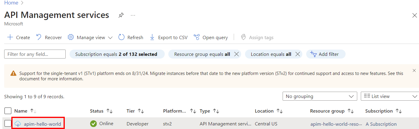 API Management インスタンスを選択する