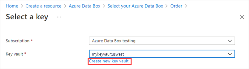 Data Box 注文の [セキュリティ] タブの [暗号化の種類] 設定のスクリーンショット。[新しいキー コンテナーの作成] リンクが強調表示されています。