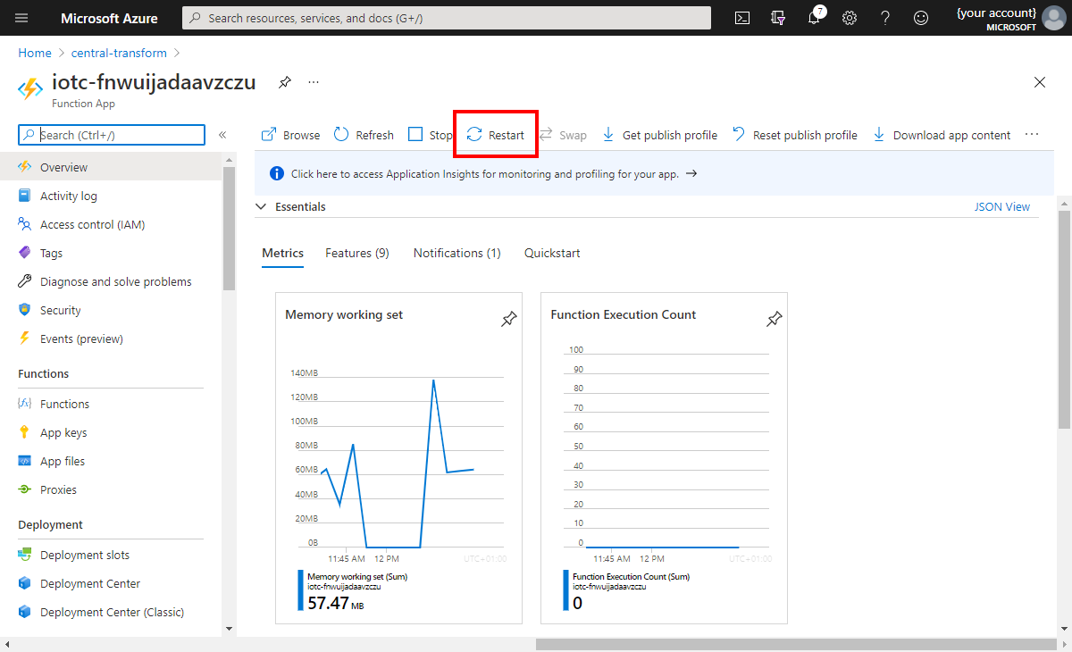Azure Functionsの再起動オプションを示すスクリーンショット。