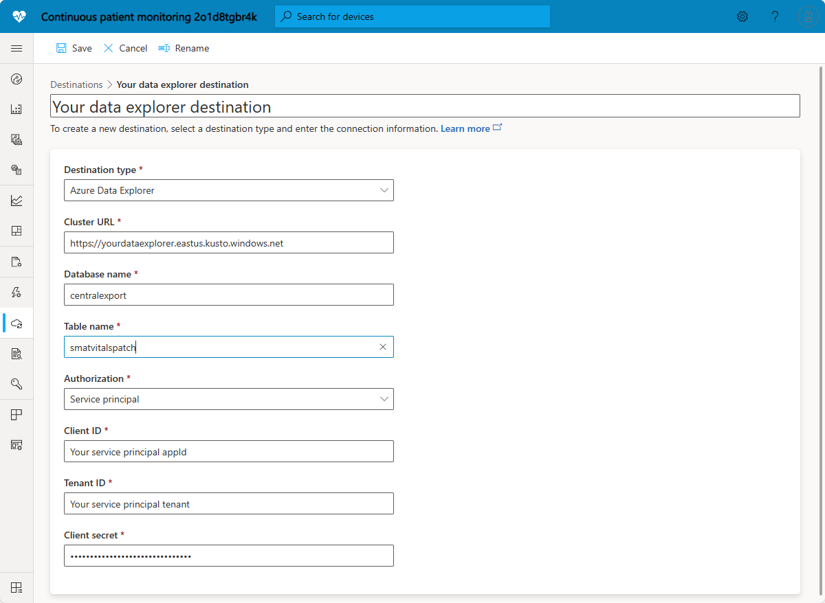 サービス プリンシパルを使用する Azure Data Explorer エクスポート先のスクリーンショット。