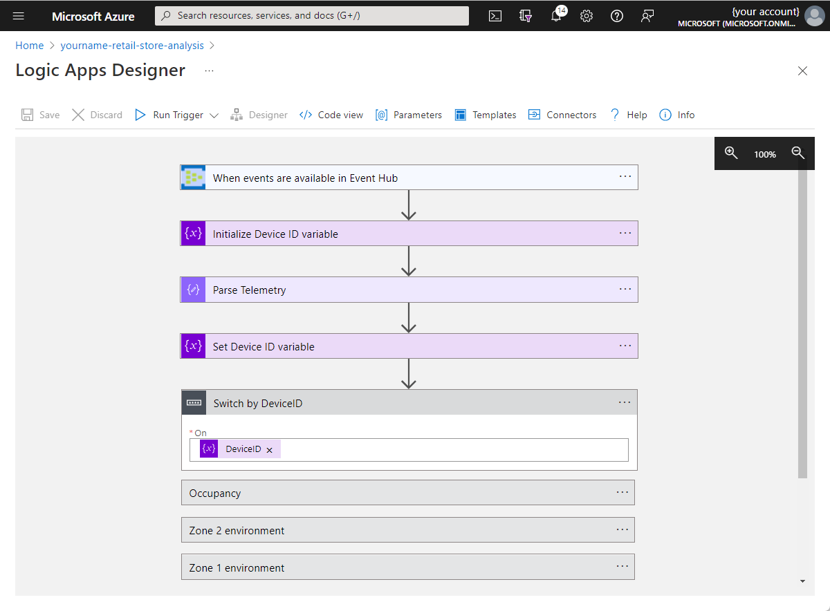 Azure portal の Logic Apps デザイナーの最初のロジック アプリが表示された画面のスクリーンショット。