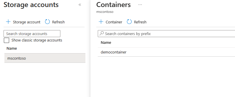 ストレージ アカウントとコンテナーを示すスクリーンショット。