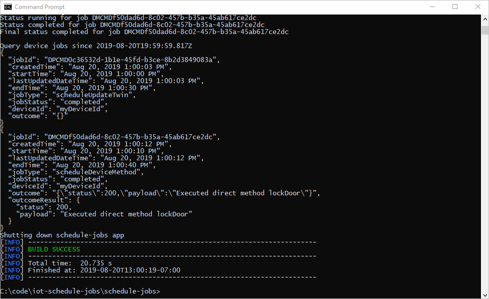 Java IoT Hub サービス アプリで 2 つのジョブが作成される