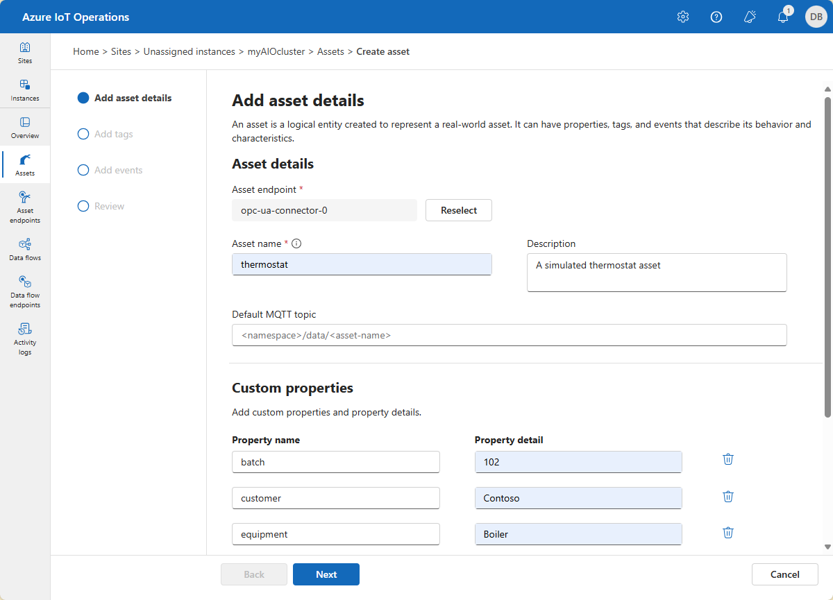 Azure IoT Operations の資産の詳細ページのスクリーンショット。