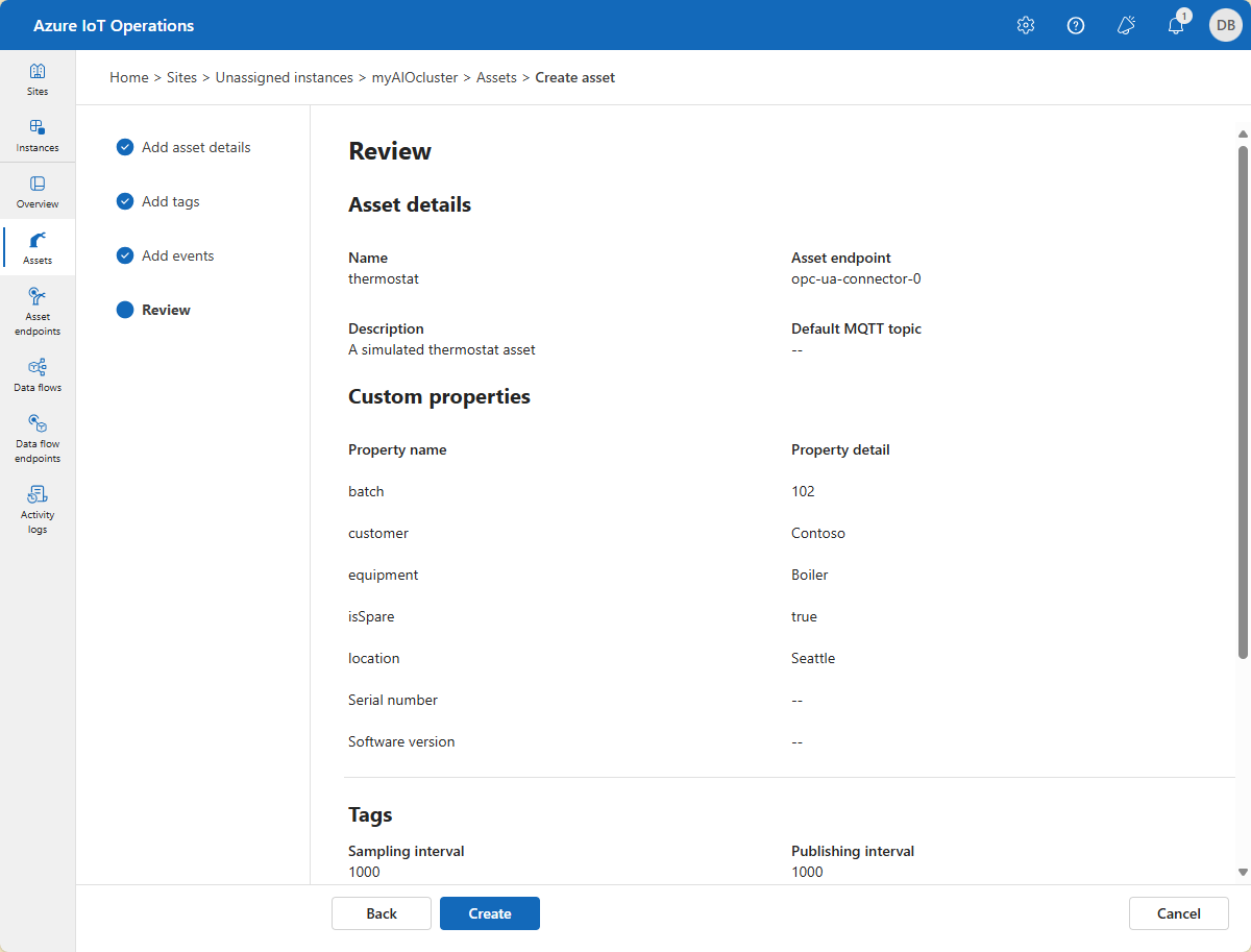 Azure IoT Operations の [資産の作成] レビュー ページのスクリーンショット。