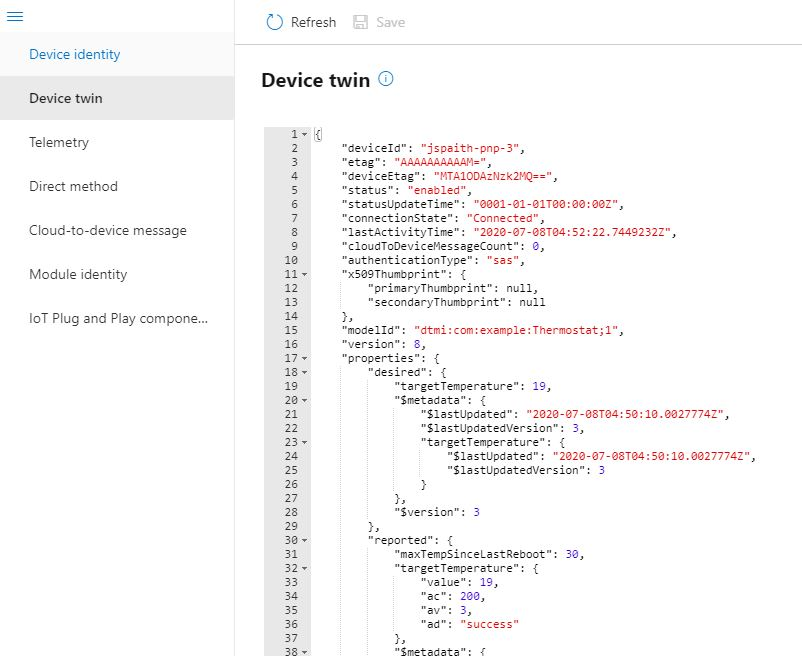 デジタル ツイン プロパティのモデル ID を示す Azure IoT Explorer ツールのスクリーンショット。