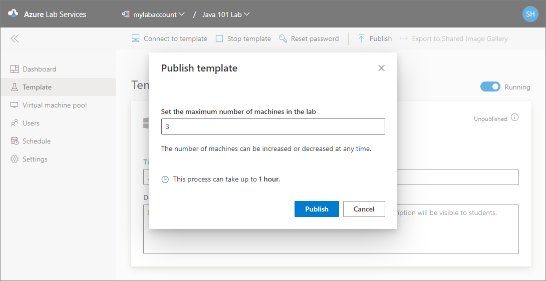 ラボの VM の数を要求する [テンプレートの発行] ウィンドウのスクリーンショット。