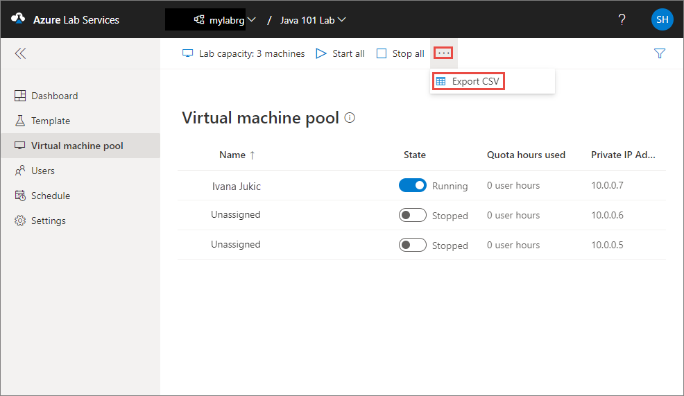 Azure Lab Services の仮想マシン プール ページのスクリーンショット。[CSV のエクスポート] メニュー項目が強調されています。